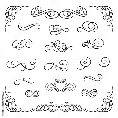 Vector Set of Swirl Lines and Frames Filigree Ornaments Black on White Background.