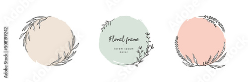 Hand drawn floral frames with a branch with leaves. Elegant leaf logo template. Vector illustration for labels, branding business identity, wedding invitation