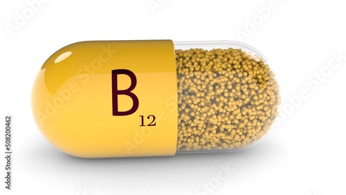 Vitamin B12 capsule on white background. Pill. Dietary supplements. 3d rendering