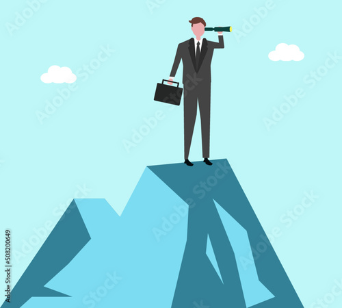 Business man searching for success with  telescope. Man in a business suit stands on top of a mountain
