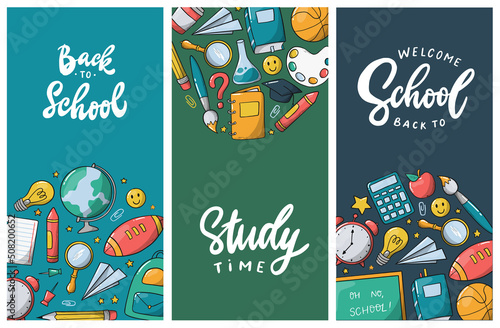 Set of school vertical banners decorated with doodles and lettering quotes. Good for posters, prints, cards, invitations, templates, bookmarks. Back to school theme. EPS 10
