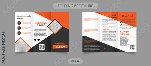 Business Trifold Brochure Template design Corporate Leaflet, creative tri-fold, vector illustration, A4 size, minimal, abstract, polygon shape, black orange combination.