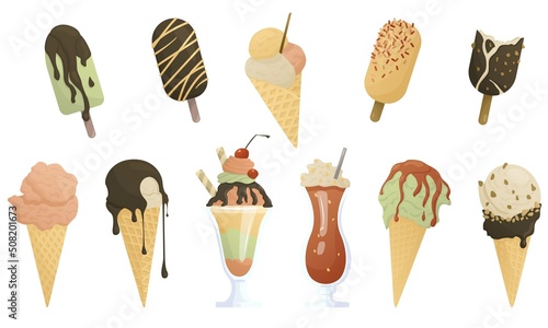 Set of various delicious ice cream. Vector illustration of healthy food for takeout, bar or restaurant menu. Cartoon style icon. Summer vibe