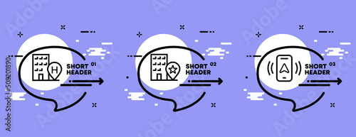Destination set icon. Building, map, navigator, pointer, phone, star, favorites, app. Technology concept. Infographic timeline with icons and 3 steps. Vector line icon for Business and Advertising