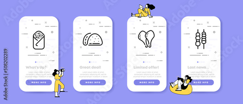 Meat dishes set icon. Shawarma, tacos, chicken legs, kebab, grill, fatty, fast food, delicious. Eating concept. UI phone app screens with people. Vector line icon for Business and Advertising