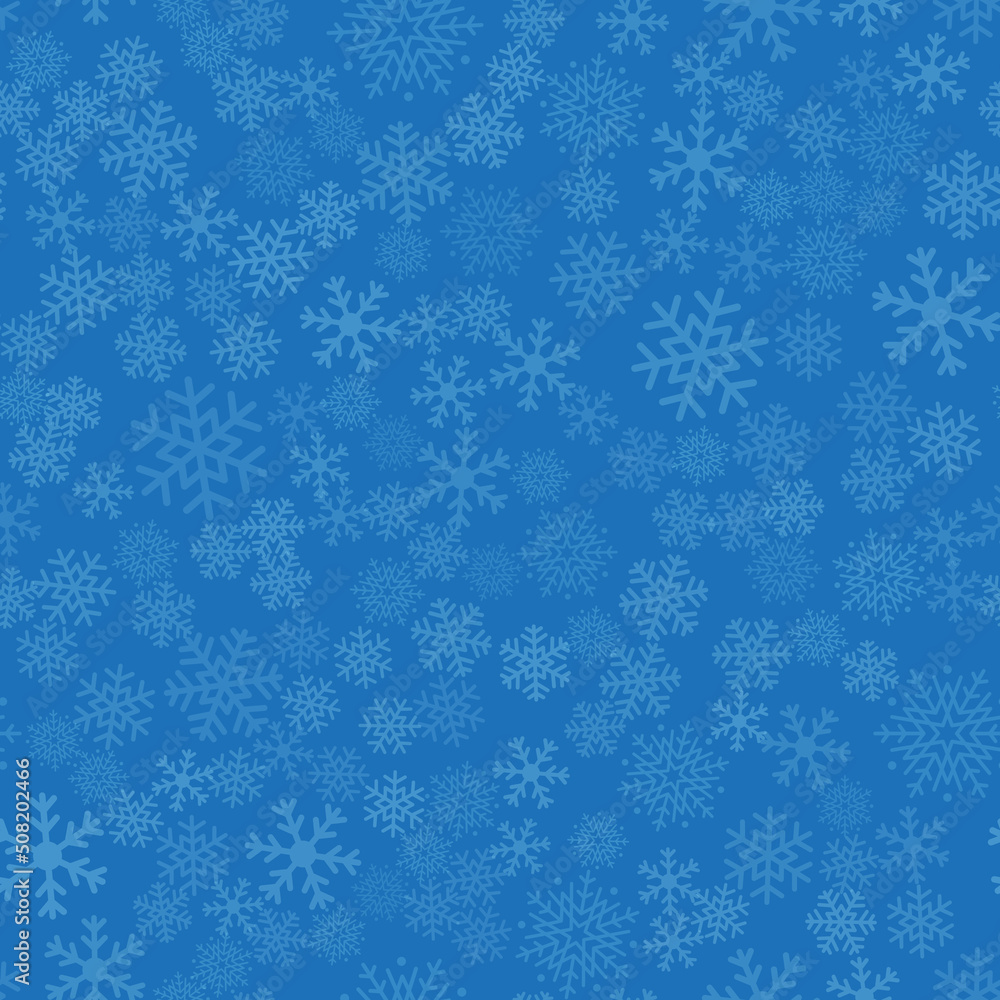 Seamless winter background of snowflakes placed chaotically. Winter fairy tale, Christmas symbol.