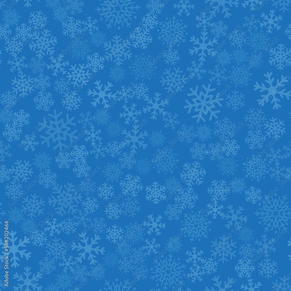 Seamless winter background of snowflakes placed chaotically. Winter fairy tale, Christmas symbol.