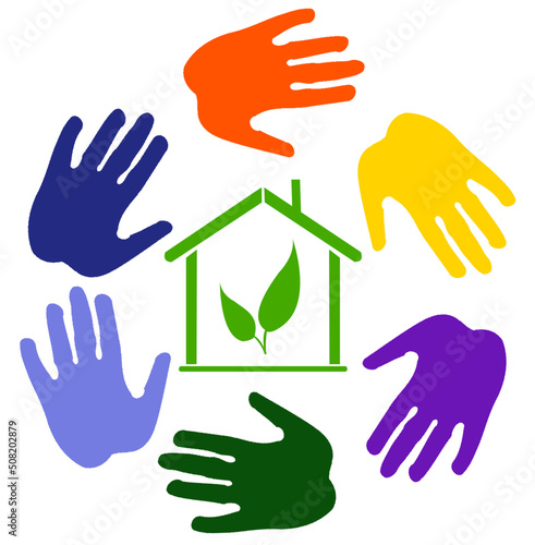 Together for a healthy enviroment and climate - Hands around a house. The house symbolizes the Earth.