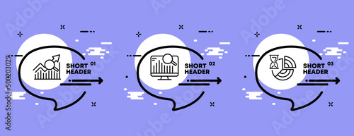 Diagrams set icon. Computer, up arrow, growth, magnifier, bar and pie chart, hourglass. Business concept. Infographic timeline with icons and 3 steps. Vector line icon for Business and Advertising