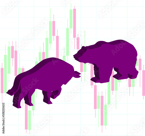 illustration of link bull and bear and stock market graph blur. with white background