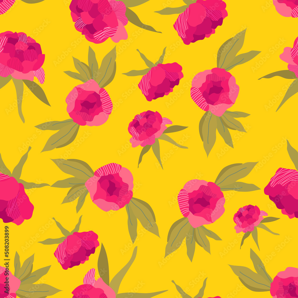 Trendy pink peonies are a seamless floral pattern. Mustard-yellow background. Hand-drawn modern illustration of large flowers with white leaves on solid color. Fabric, web, app, stationery.