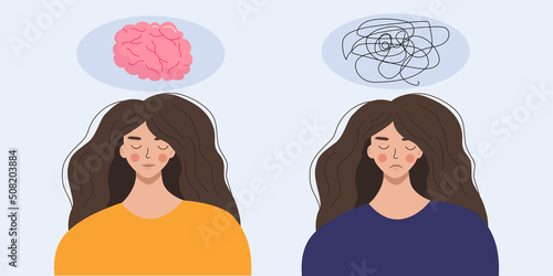 The concept of mental health. A happy girl with healthy thoughts, and a sad girl with depressive thoughts. Flat vector illustration