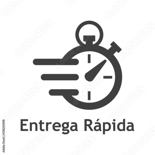 Logo de entrega urgente. Icono de cronómetro con líneas de velocidad y texto Entrega Rápida en español para servicio, pedido, envío rápido y gratuito