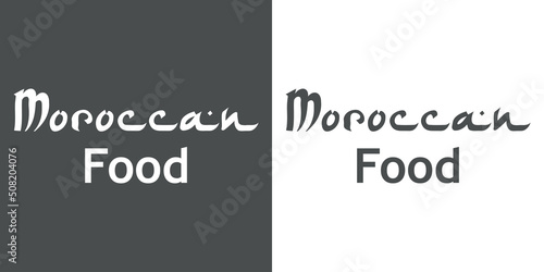 Texto manuscrito Moroccan Food con letras estilo árabe para su uso en banner y logotipos en fondo gris y fondo blanco