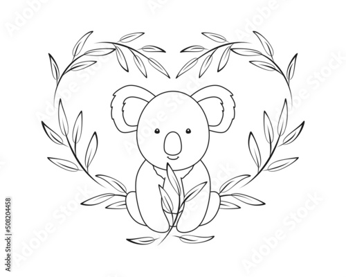 Coloring page with cute koala and eucalyptus twigs, black and white outline elements on a white background. Adorable Australian animal. Vector design template for kids coloring book, poster and cover
