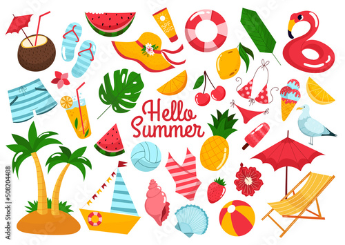 Hello summer set of decorative vector elements isolated on white background. Vacation, holidays, beach life. Cute colorful summer elements - bikini, drinks, fruits, palm trees, ice cream. Flat style.