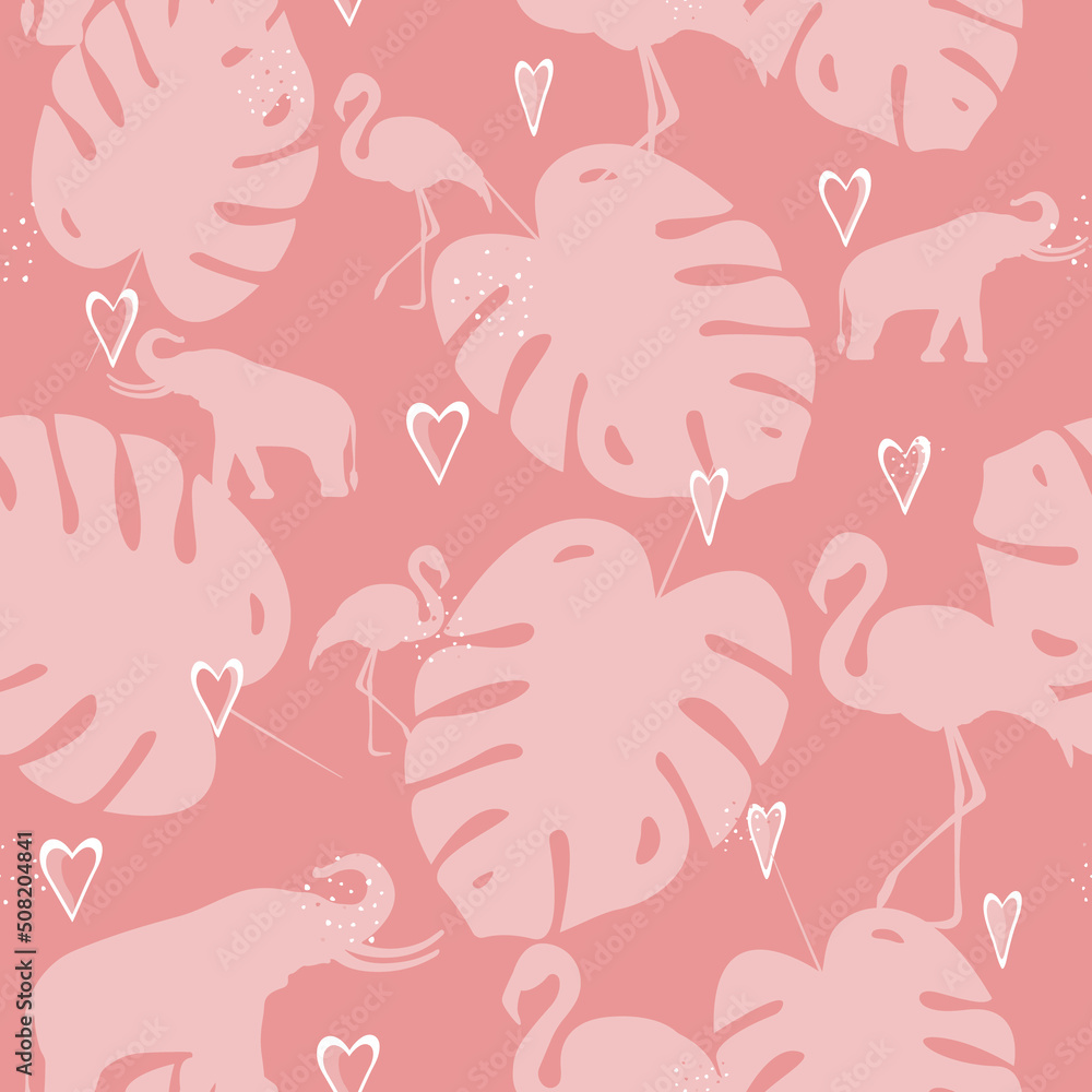 Girly seamless pattern with tropical motif. Elephants and flamingos, monstera and hearts. Textiles, prints, packaging design and wallpaper.