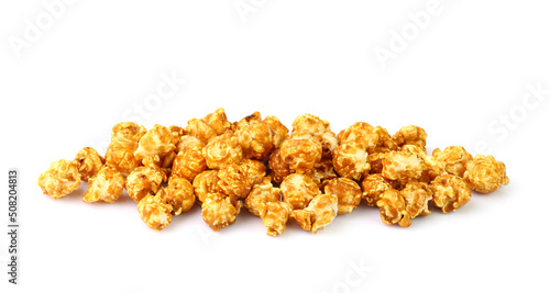 Heap of caramel popcorn isolated on white background 