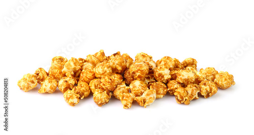 Heap of caramel popcorn isolated on white background	