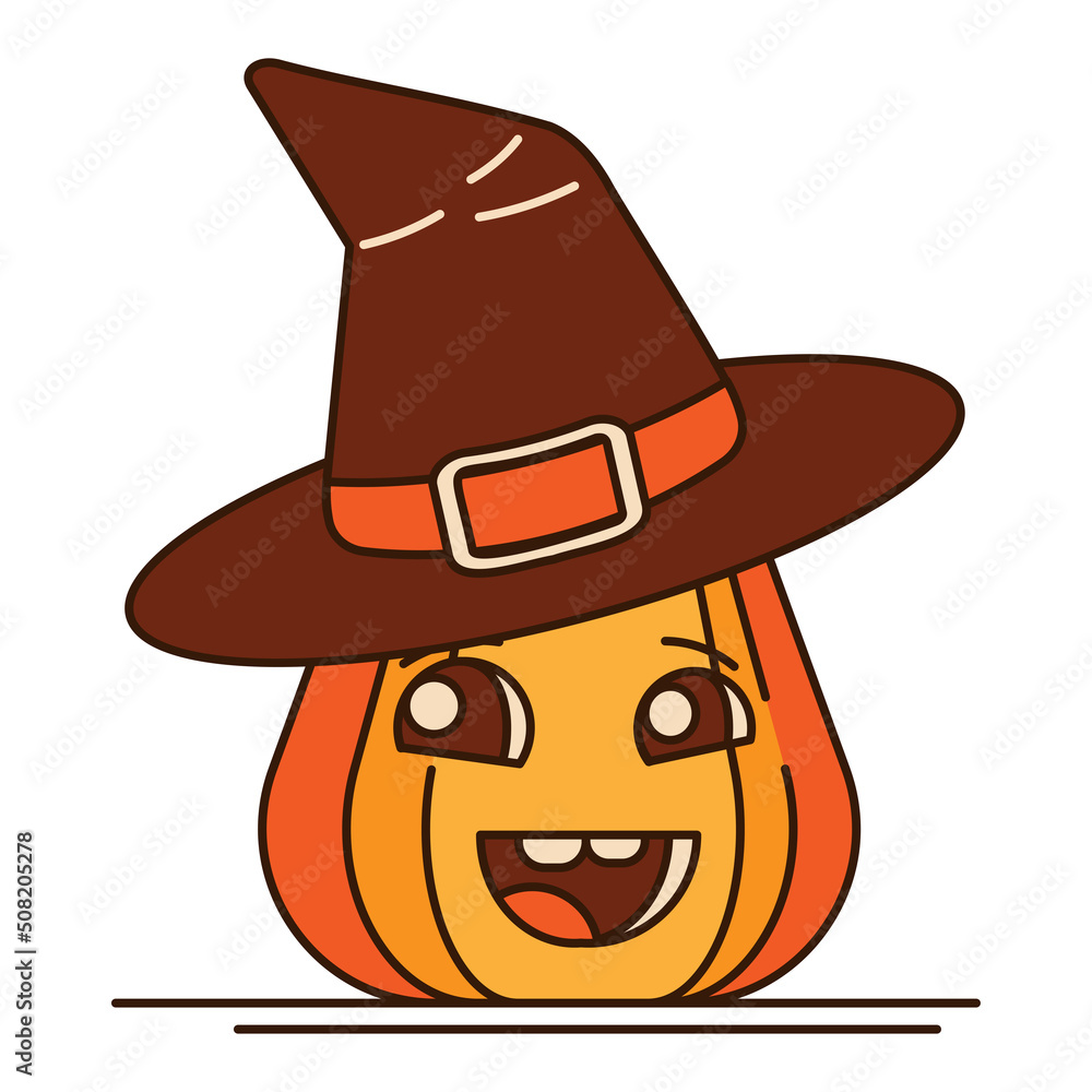 Pumpkin in a hat on a white background, a character. Cute orange pumpkin with a smile for your Halloween design. A symbol of a happy Halloween holiday. Vector illustration Pumpkin in a hat on a white background, a character. Cute orange pumpkin with a smile for your Halloween design. A symbol of a happy Halloween holiday. Vector illustration