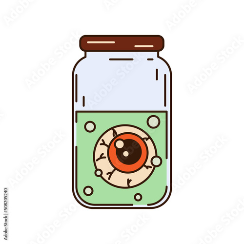 A poisonous potion in a glass bottle, with a green liquid with an eye on Halloween, vector illustration, isolated on white