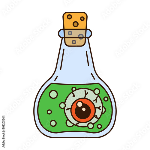 A poisonous potion in a glass bottle, with a green liquid with an eye on Halloween, vector illustration, isolated on white