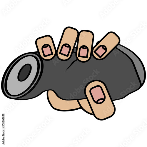 Hand holding crumpled jar on white background in cartoon style