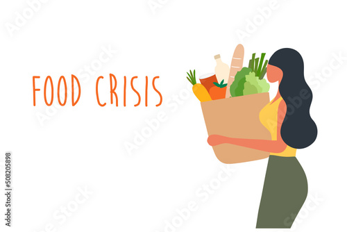 Food crisis concept, woman holding food bag vector illustration. Food inflation, food price increase from economic recession