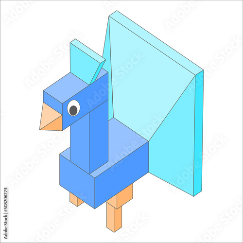 Cute 3D peacock character in pixel style on a white background.