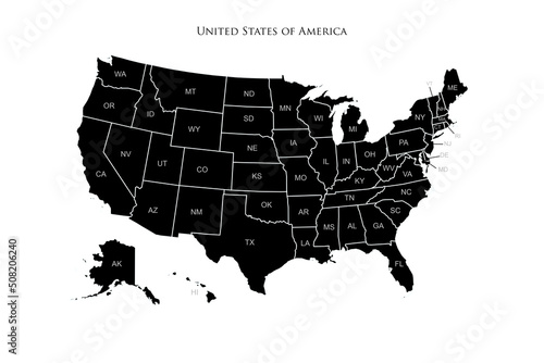 United States of America map silhouette with states and borders illustration