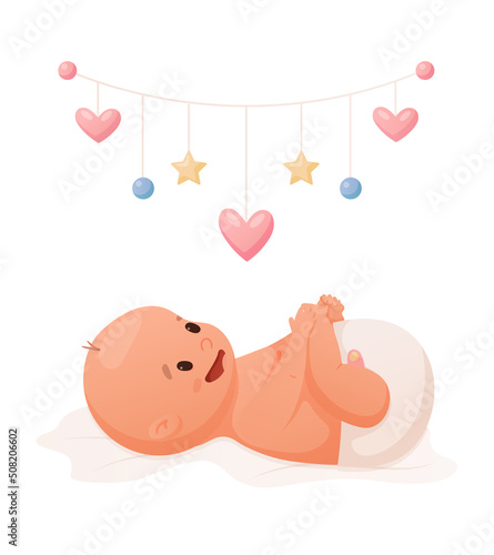 Newborn baby lying and playing with hanging mobile or rattles vector illustration.