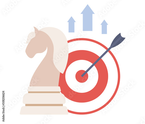 Business strategy icon with chess figure, target, growth arrows. Chess horse startup. Vector flat illustration 