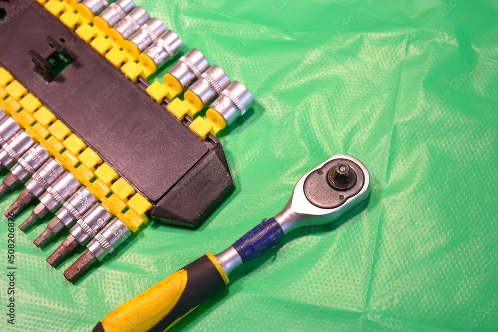 wrench tool. Tools head crank, ratchet, imbus keys. screwdrivers