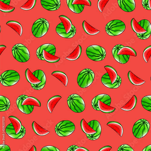 Vector seamless pattern, watermelon in watercolor style with black contour
