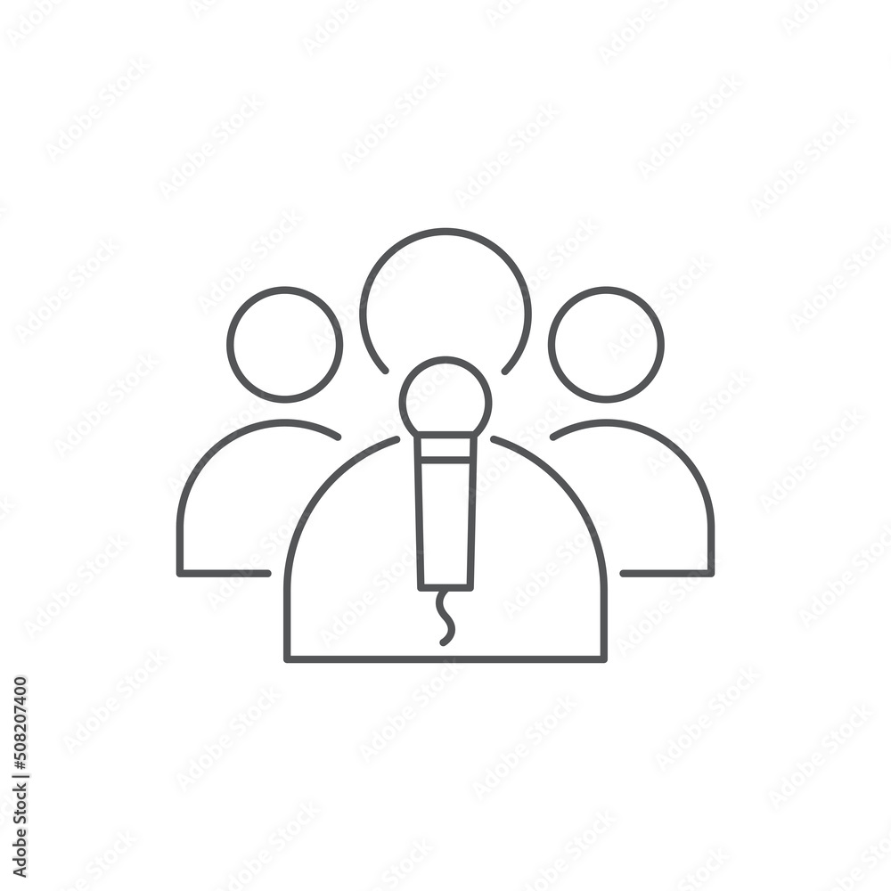Vector line icon, a speaker at the microphone, a politician or leader speaks to an audience. Vector line icon, a speaker at the microphone, a politician or leader speaks to an audience.