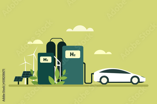 Illustration of eco friendly green hydrogen fuel pump and car