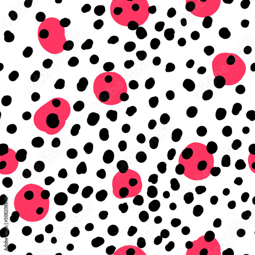 Abstract hand drown polka dots background. White dotted seamless pattern with black circles. Template design for invitation, poster, card, flyer, textile, fabric