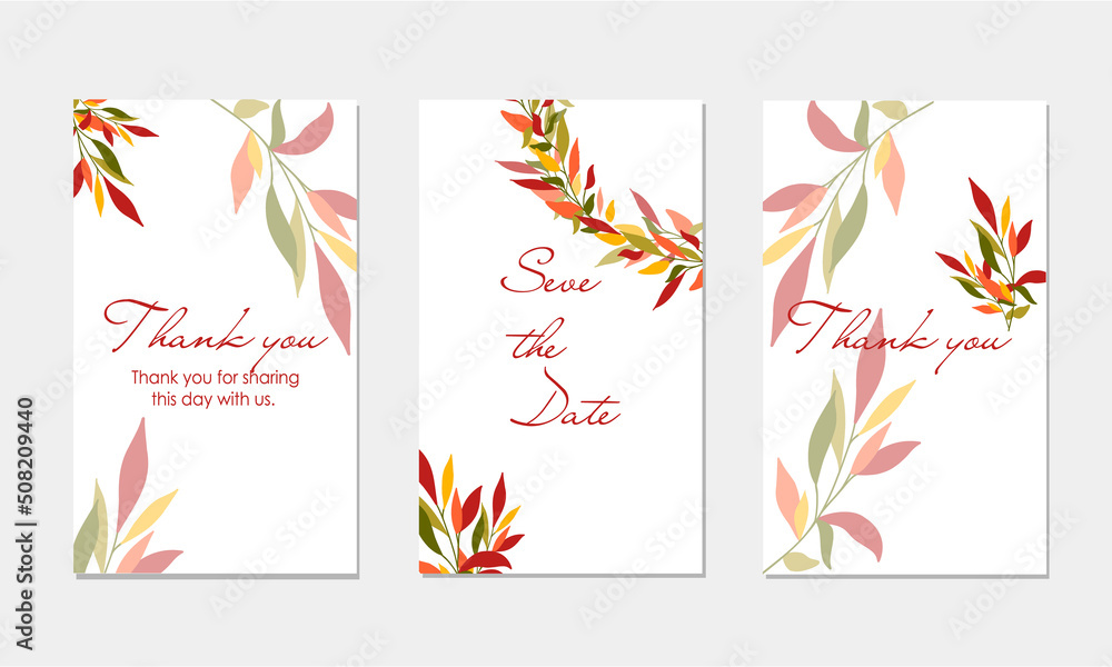 A set of universal templates for invitations and postcards. Autumn leaf design in autumn colors.Wedding concept.