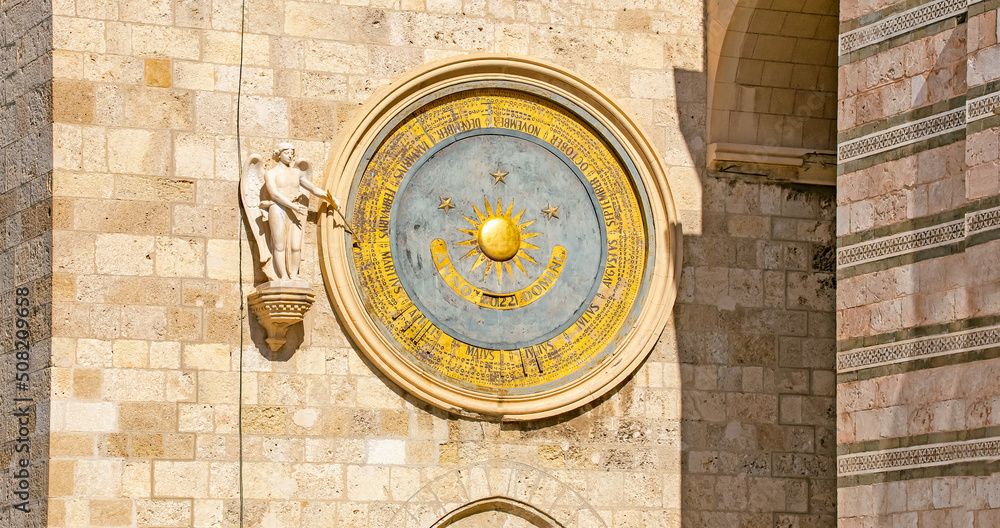   Messina Cathedral astronomical clock on its bell tower Sicily Italy  