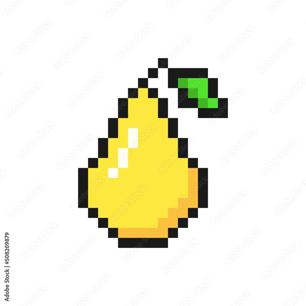 Yellow pixel pear. Sweet vitamin fruit with green leaf fresh tasty dessert with rich flavor and color for 8bit vector game design Yellow pixel pear. Sweet vitamin fruit with green leaf fresh tasty dessert with rich flavor and color for 8bit vector game design