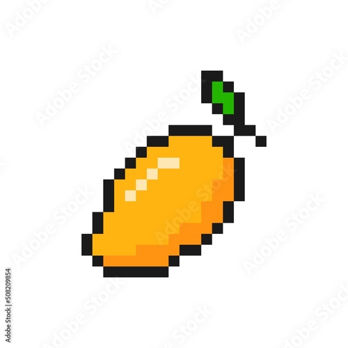 Yellow pixel mango. Ripe sweet fruit with green leaf tropical orange dessert with exotic flavor for 8bit vector game design