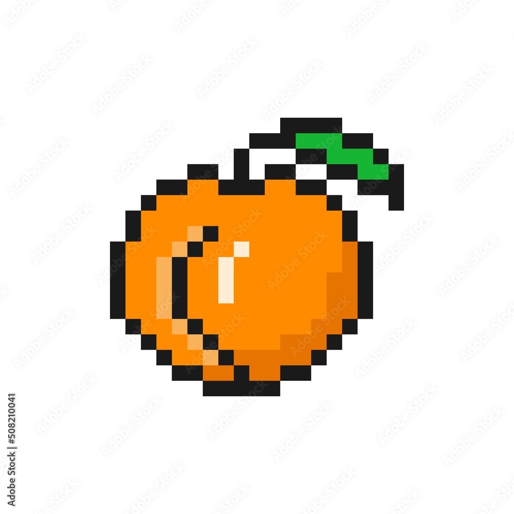 Orange pixelated peach. Ripe sweet fruit with green leaf tropical tasty dessert with exotic flavor for 8bit vector game design. Orange pixelated peach. Ripe sweet fruit with green leaf tropical tasty dessert with exotic flavor for 8bit vector game design.