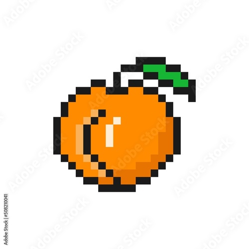 Orange pixelated peach. Ripe sweet fruit with green leaf tropical tasty dessert with exotic flavor for 8bit vector game design.