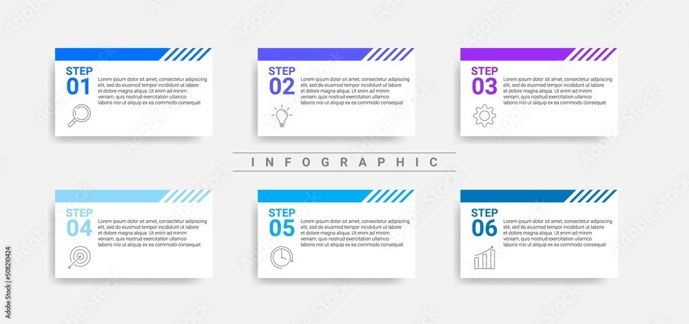 simple business timeline infographic with 6 step business process in blue color