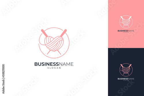 heart-shaped spun yarn logo and knitting needles, unique and creative line art style, suitable for fashion, clothes shops and convection companies, pink color on white background