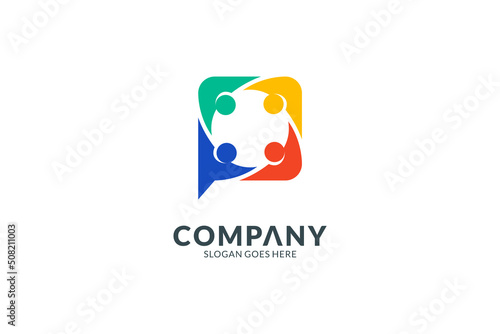 Group chat logo, concept of four people in unity in the form of chat bubbles in a flat, cheerful and colorful style.