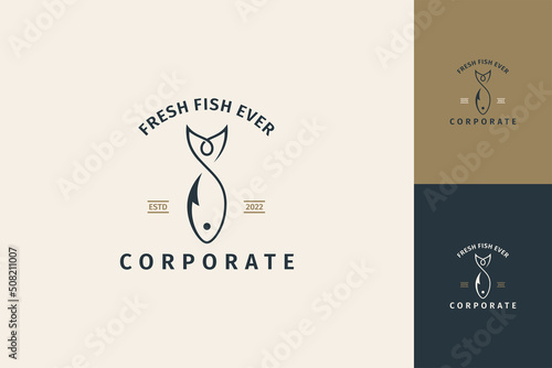 Fish and hook vintage badge logo, with multiple preview colors and classic backgrounds.