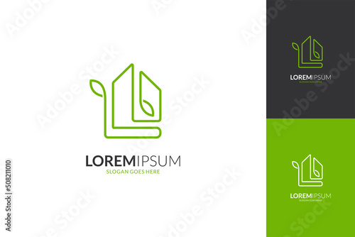 Green leaf house logo, linear line style, simple, modern and luxurious, available in several color previews and backgrounds.