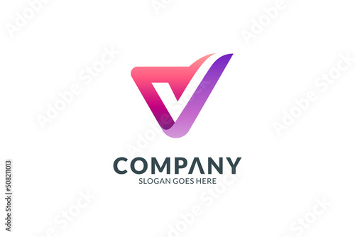 V letter logo and check shape, simple and modern design style on white background gradient color