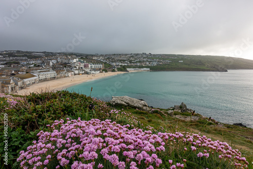 A view from a hill overlooking Porthmeor Beach in St Ives, Cornwall